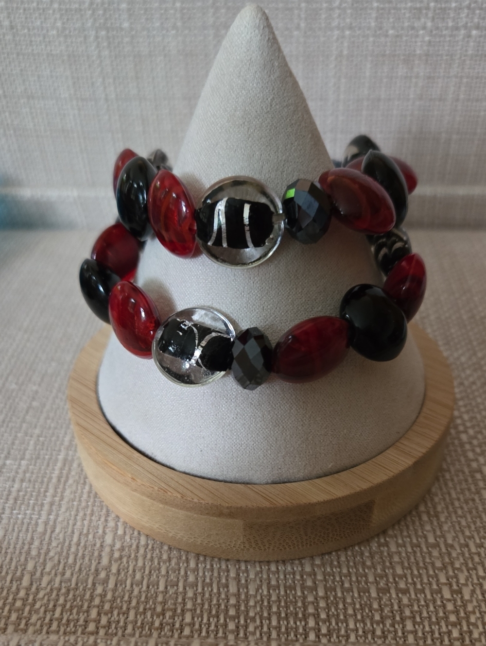 Red And Black Glass Bead Stretch Bracelets. Set Of 2